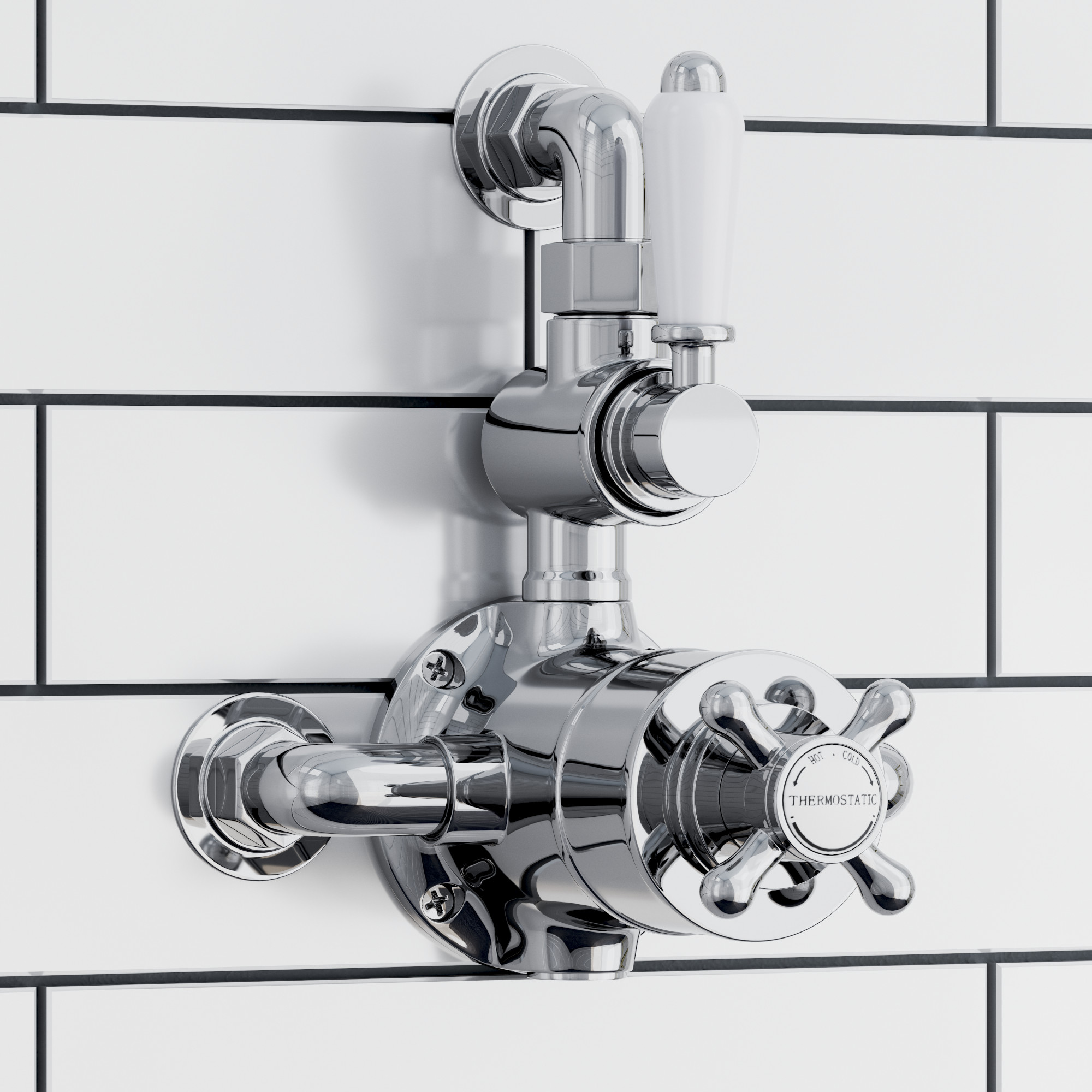 ENKI, Downton, T103, Traditional Thermostatic Shower Valve with Return to Wall Bend, Semi-Concealed Shower Valve, Chrome and White image